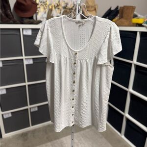 Heritage Charm Eyelet Perforated Textured Button-Front Flutter Sleeve Shirt